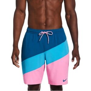 Nike Men's Blue and Pink Colorblock Swim Shorts Size S